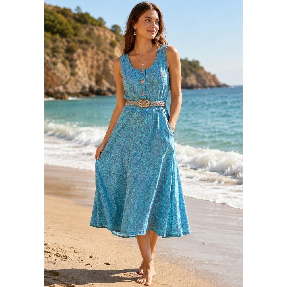 Lands‎ End Vtg 90s Dress Women's 10 Aqua Cotton Button Up Beach Midi Dress Rare